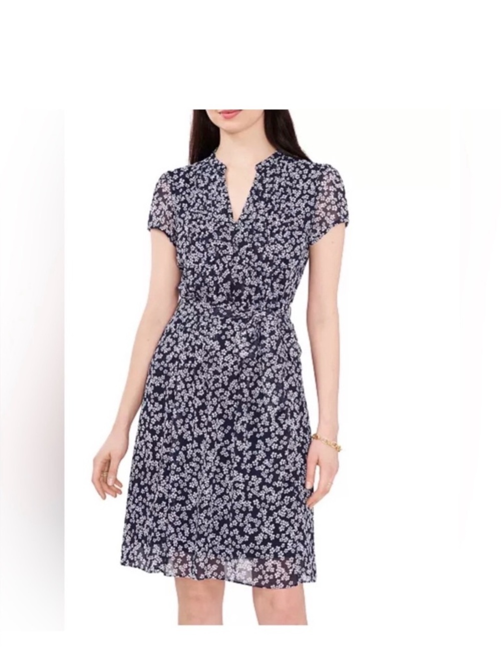 MSK Navy and White Floral Wrap Midi Dress